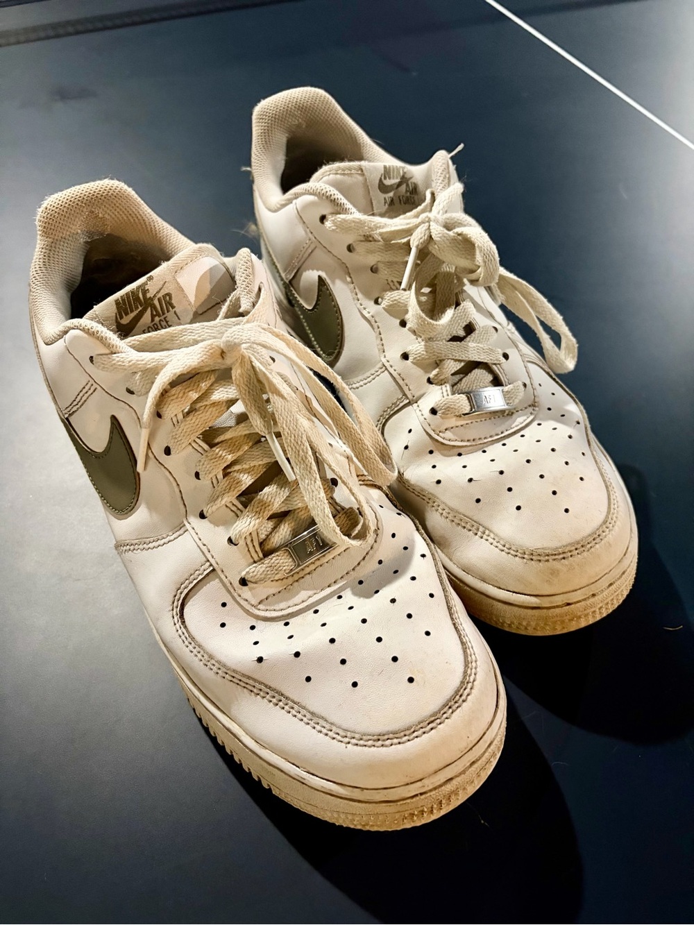 Nike Men's Air Force 1s in White with Olive Swoosh